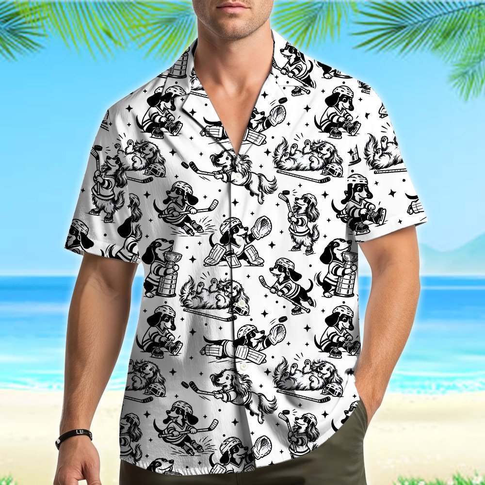 Second lifestyle view of individuals wearing the dogs playing hockey family Hawaiian shirts