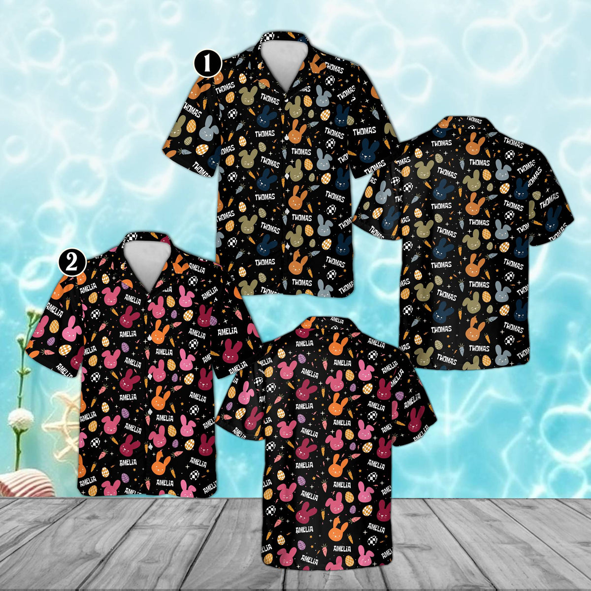 Close-up front view of the black easter hawaiian shirt pattern featuring bunnies and eggs