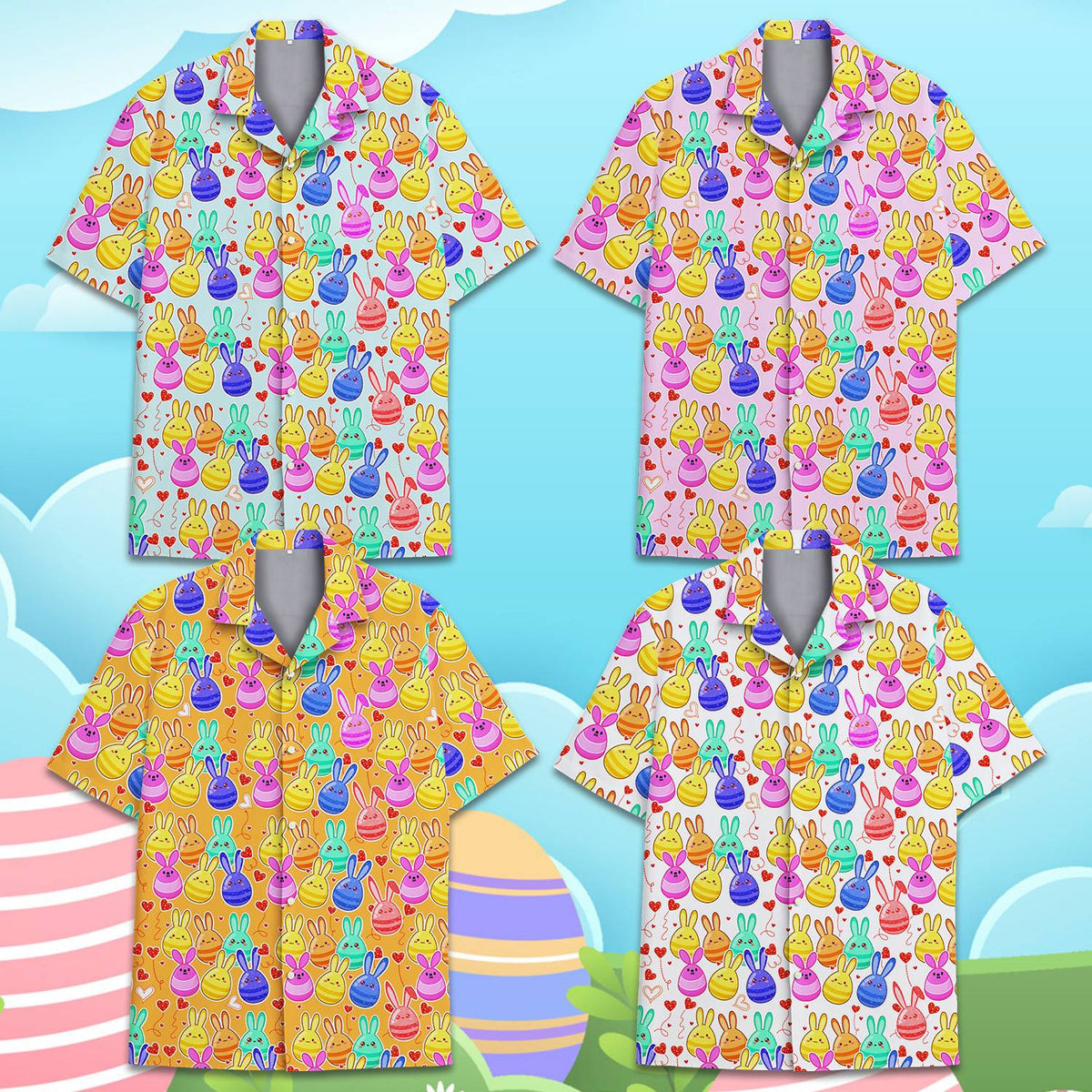 Additional front view of the colorful Easter bunny matching family hawaiian shirt