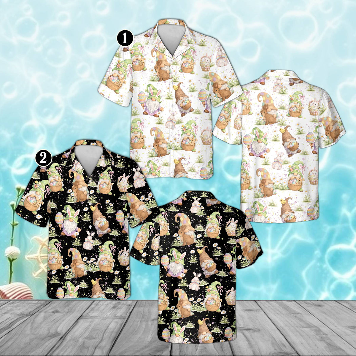 Front view of the white easter gnomes hawaiian shirt showing the holiday pattern