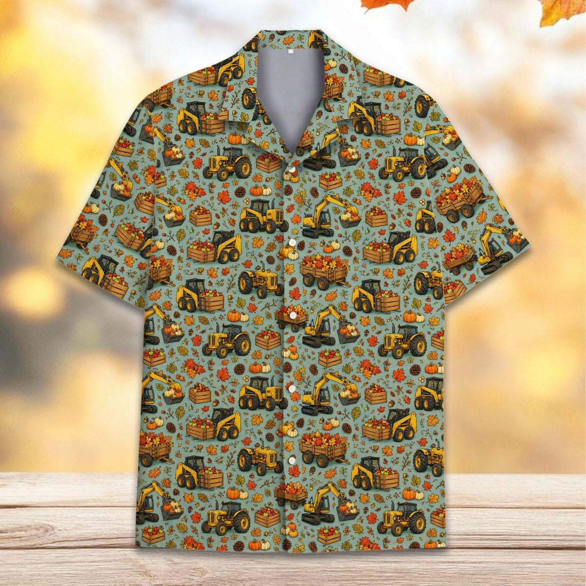 Third lifestyle view of the family matching hawaiian shirts in an autumn setting