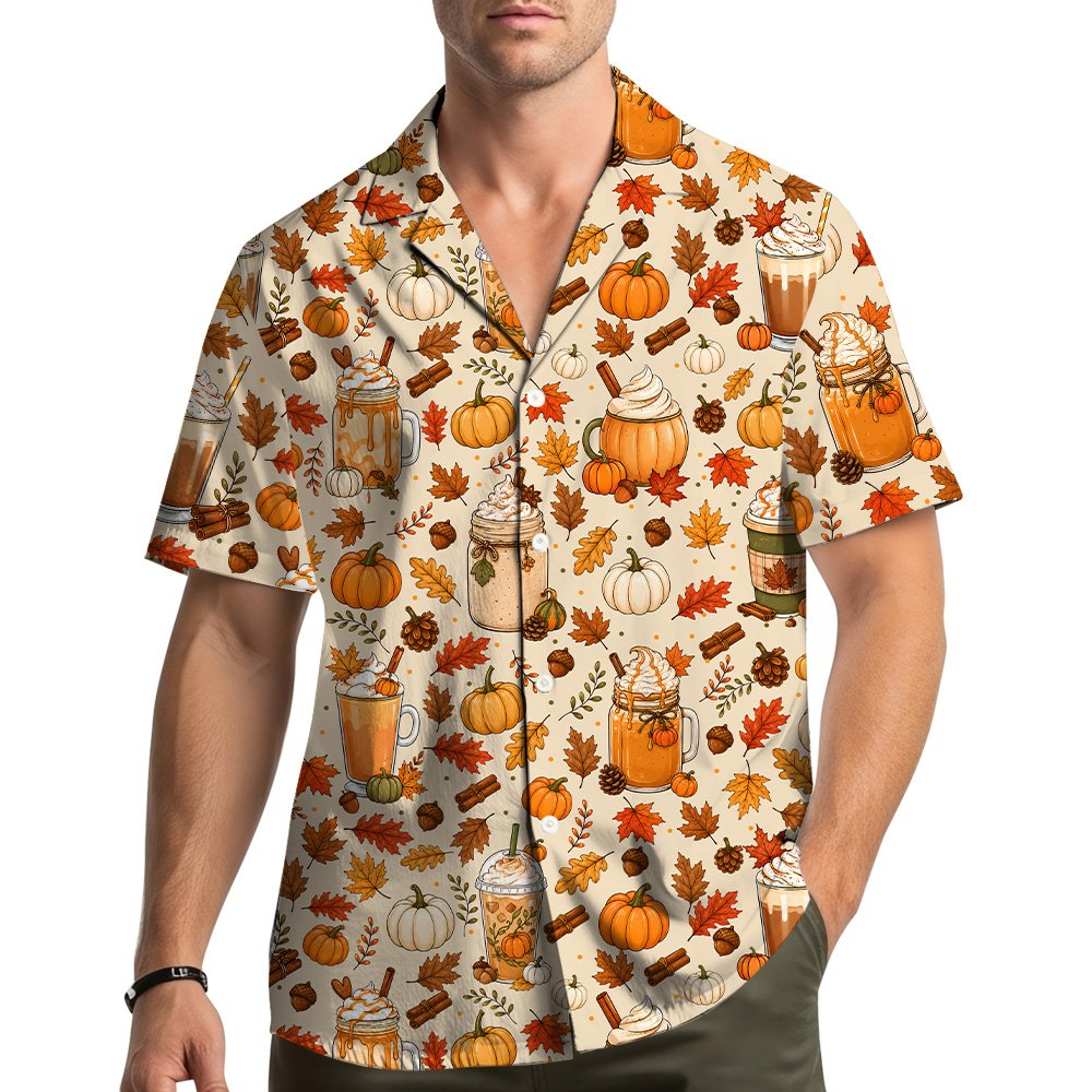 Close-up lifestyle view of the fall / thanksgiving hawaiian shirt