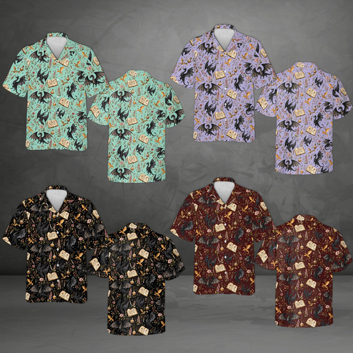 Close-up pattern view of the magical fantasy hawaiian shirt featuring swords and potion bottles