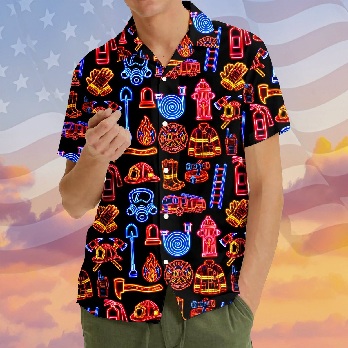 Close up lifestyle view of the firefighter hawaiian shirt