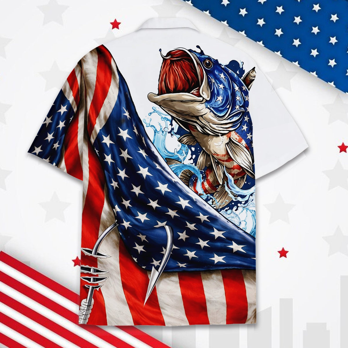 Detailed back view displaying the American flag and fishing hooks design