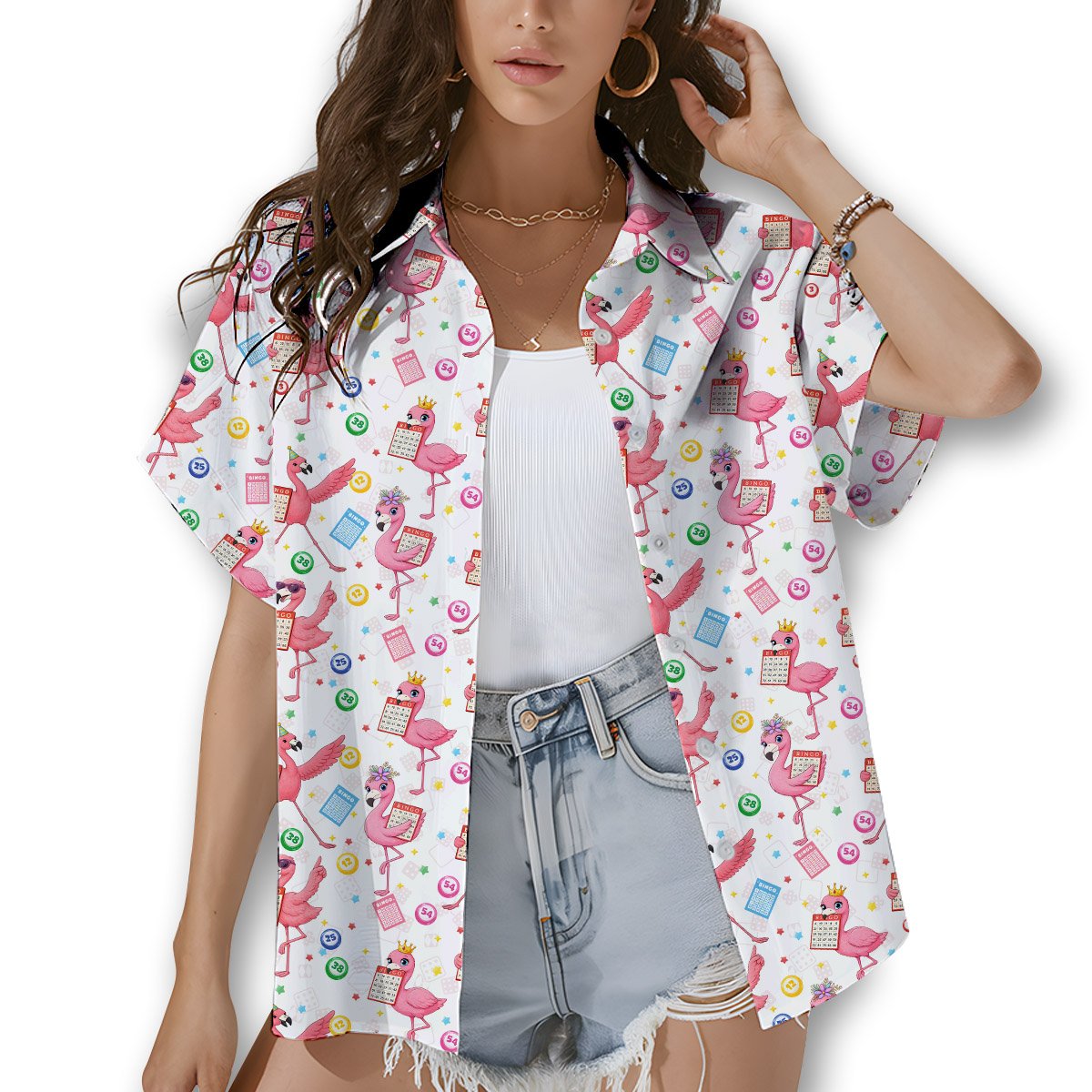 Fourth lifestyle view of the flamingo bingo hawaiian shirt worn outdoors