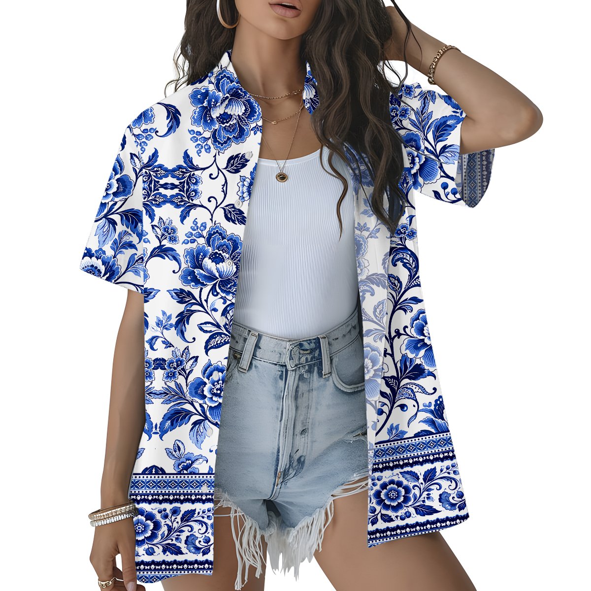 Second lifestyle image featuring the white floral Hawaiian shirt