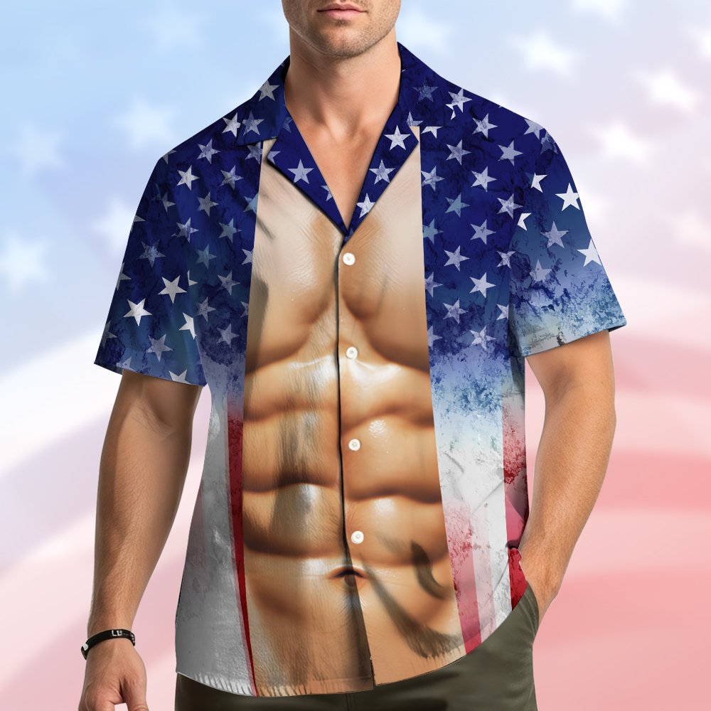 Lifestyle view of the matching family Hawaiian shirt for the Fourth of July