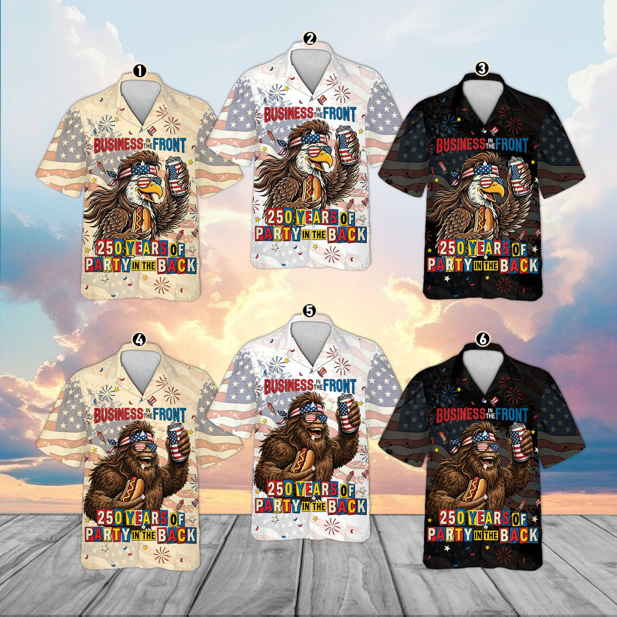 Another front view of the Fourth of July hawaiian shirt with fireworks and eagle mullet design