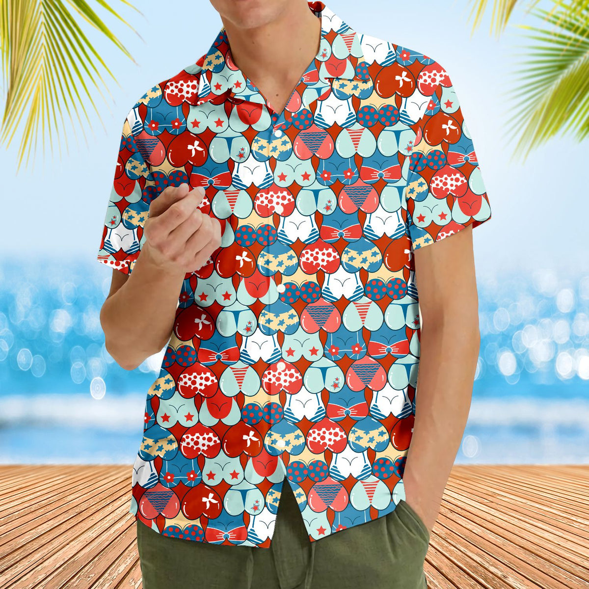 Lifestyle image demonstrating the fit and style of the patriotic hawaiian shirt