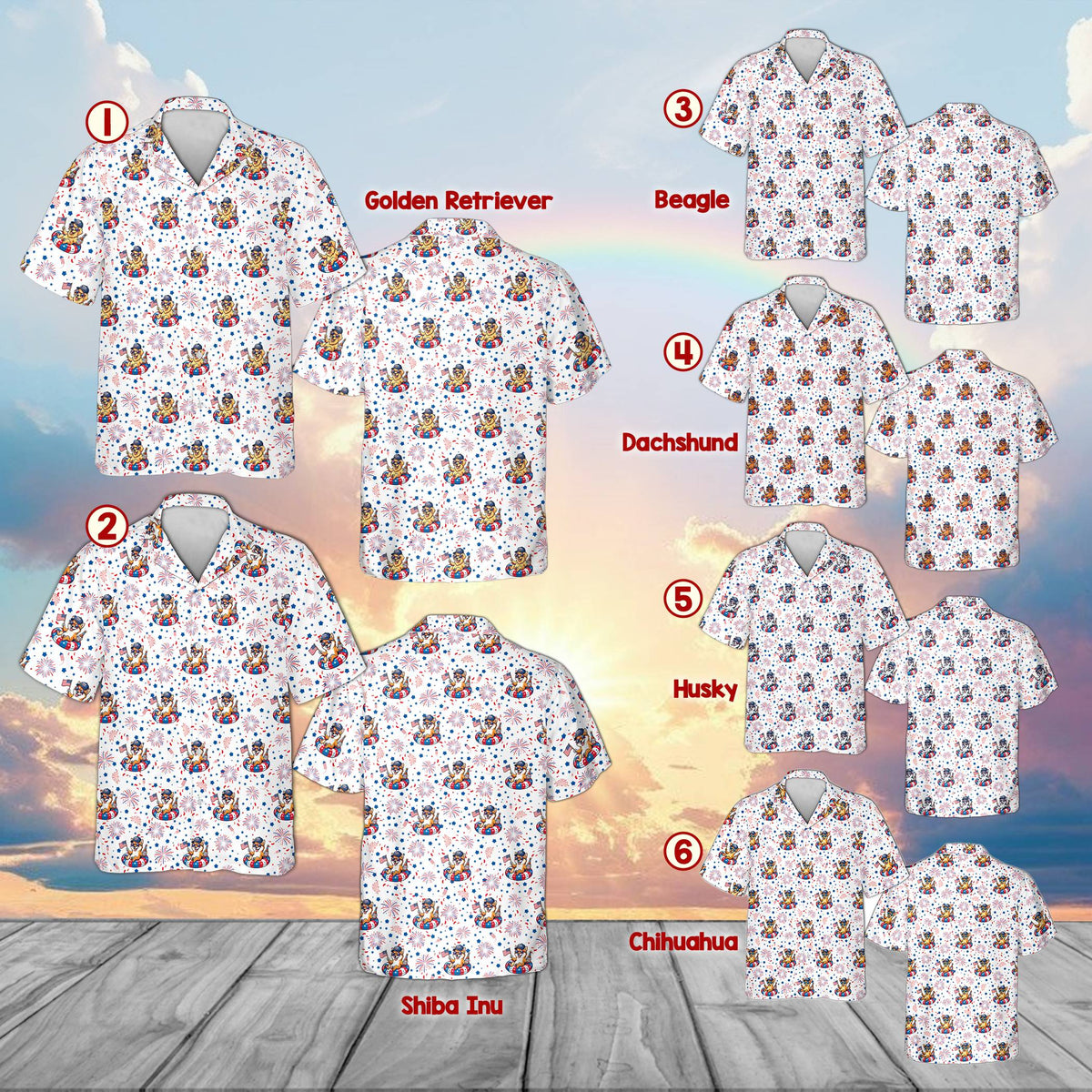 Alternate view of the matching family hawaiian shirt with patriotic dog print
