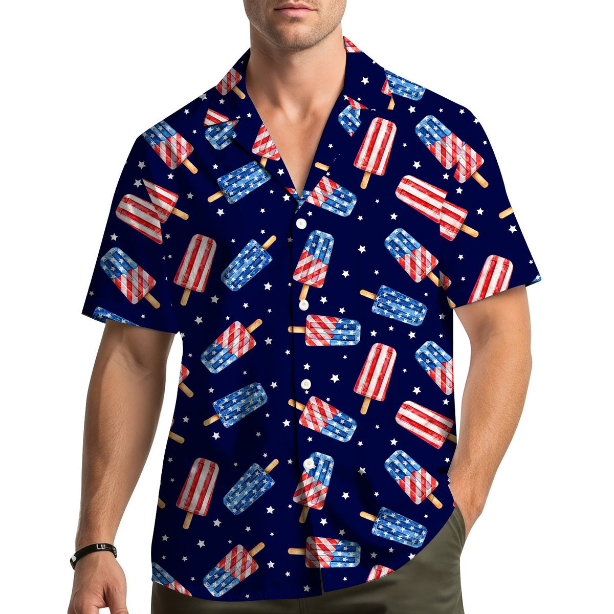 Lifestyle view of a family wearing matching family hawaiian shirts outdoors