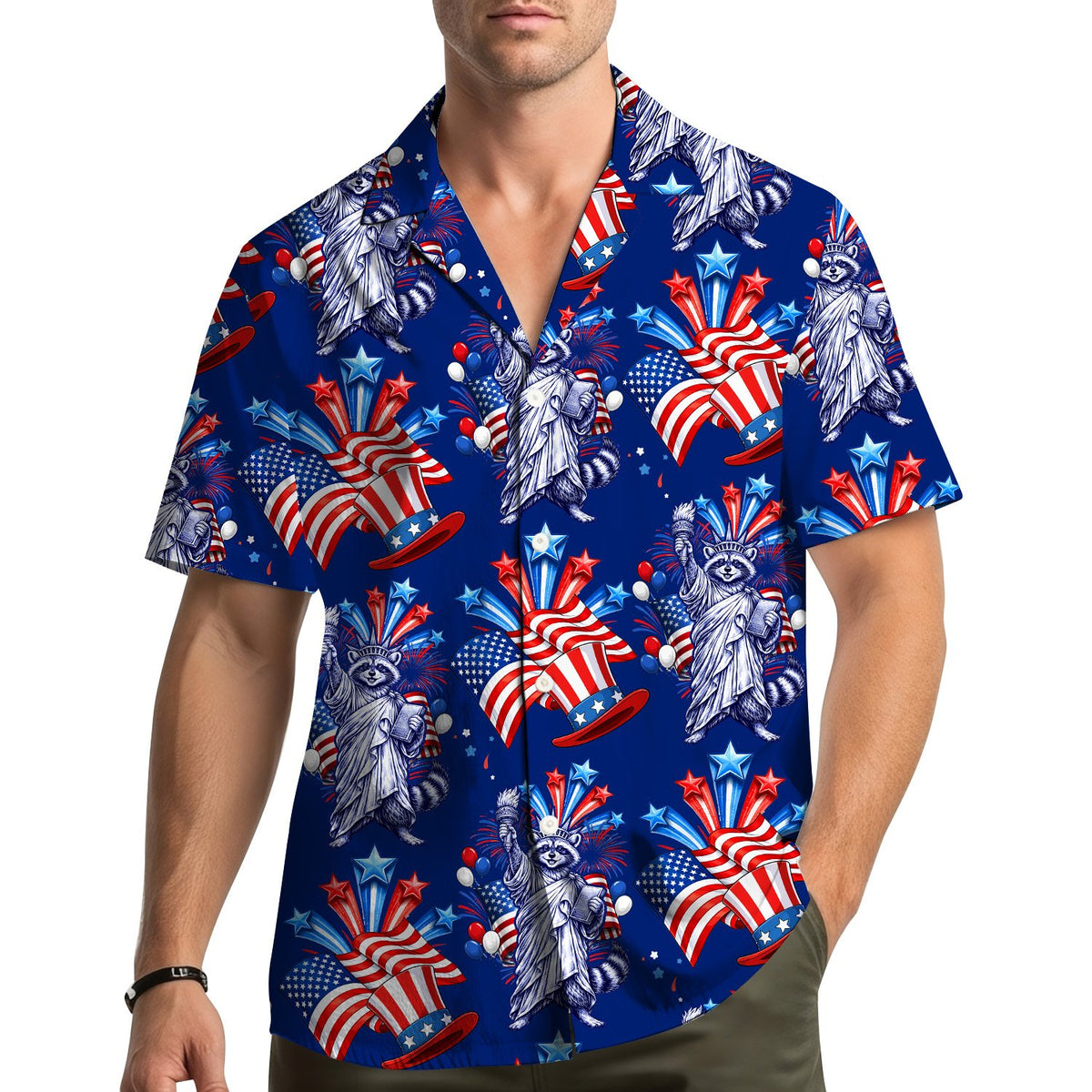 People wearing the matching family Hawaiian shirts with Fourth of July patriotic raccoons design