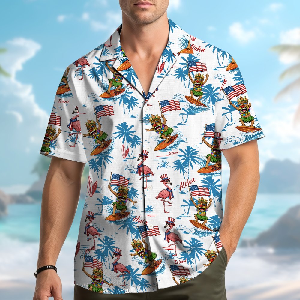Another lifestyle view of the fourth of july hawaiian shirt in a casual setting