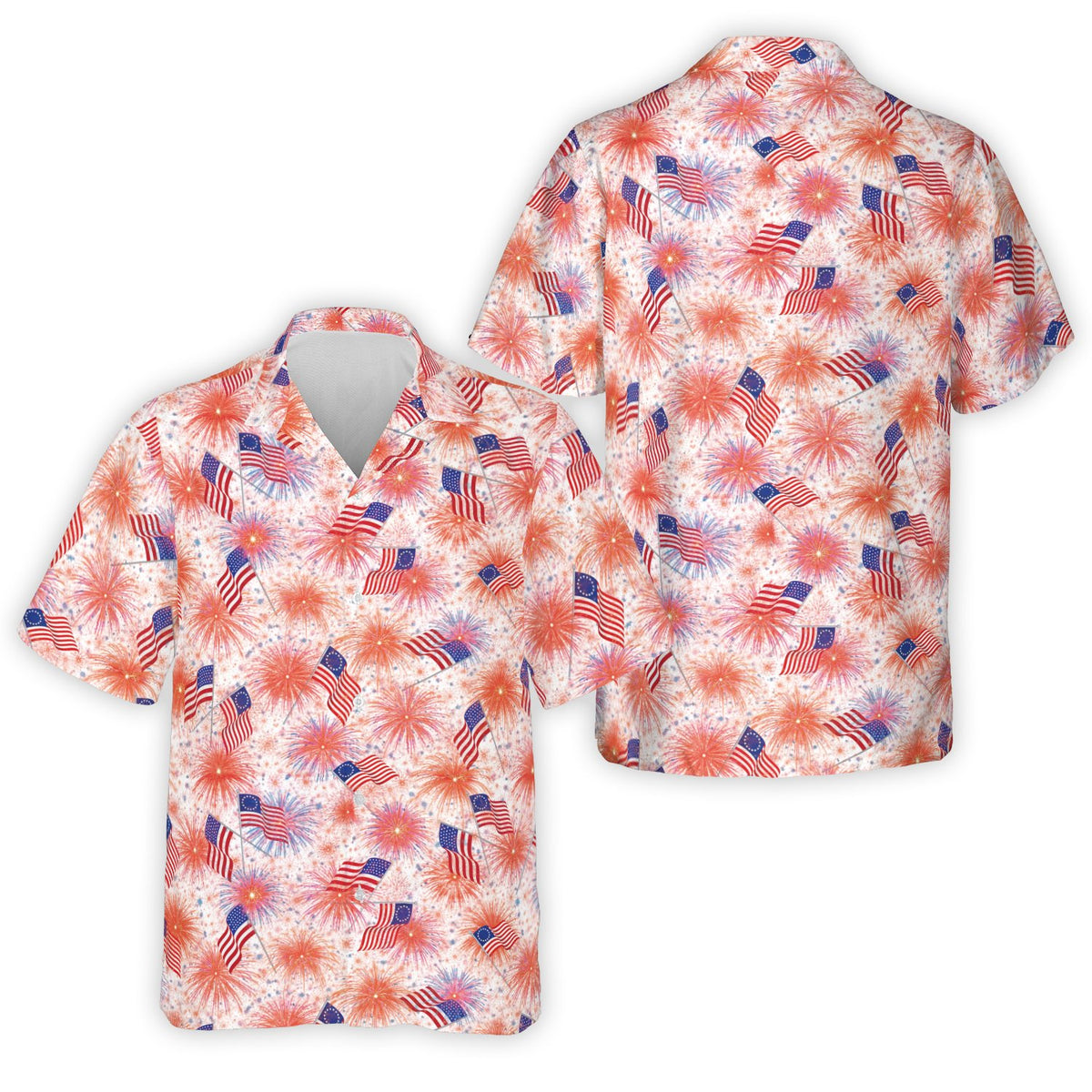 White matching family hawaiian shirt with Betsy Ross flags and fireworks