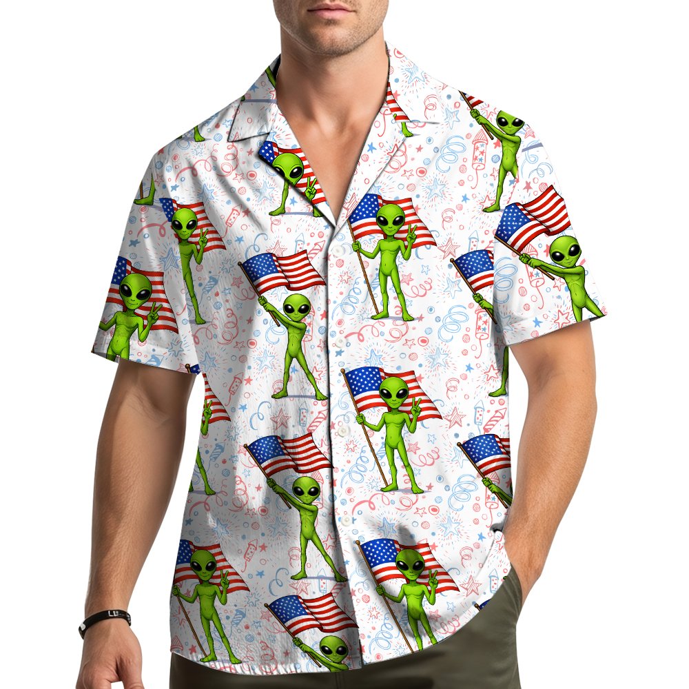 Family wearing matching Fourth of July hawaiian shirts with alien design outdoors