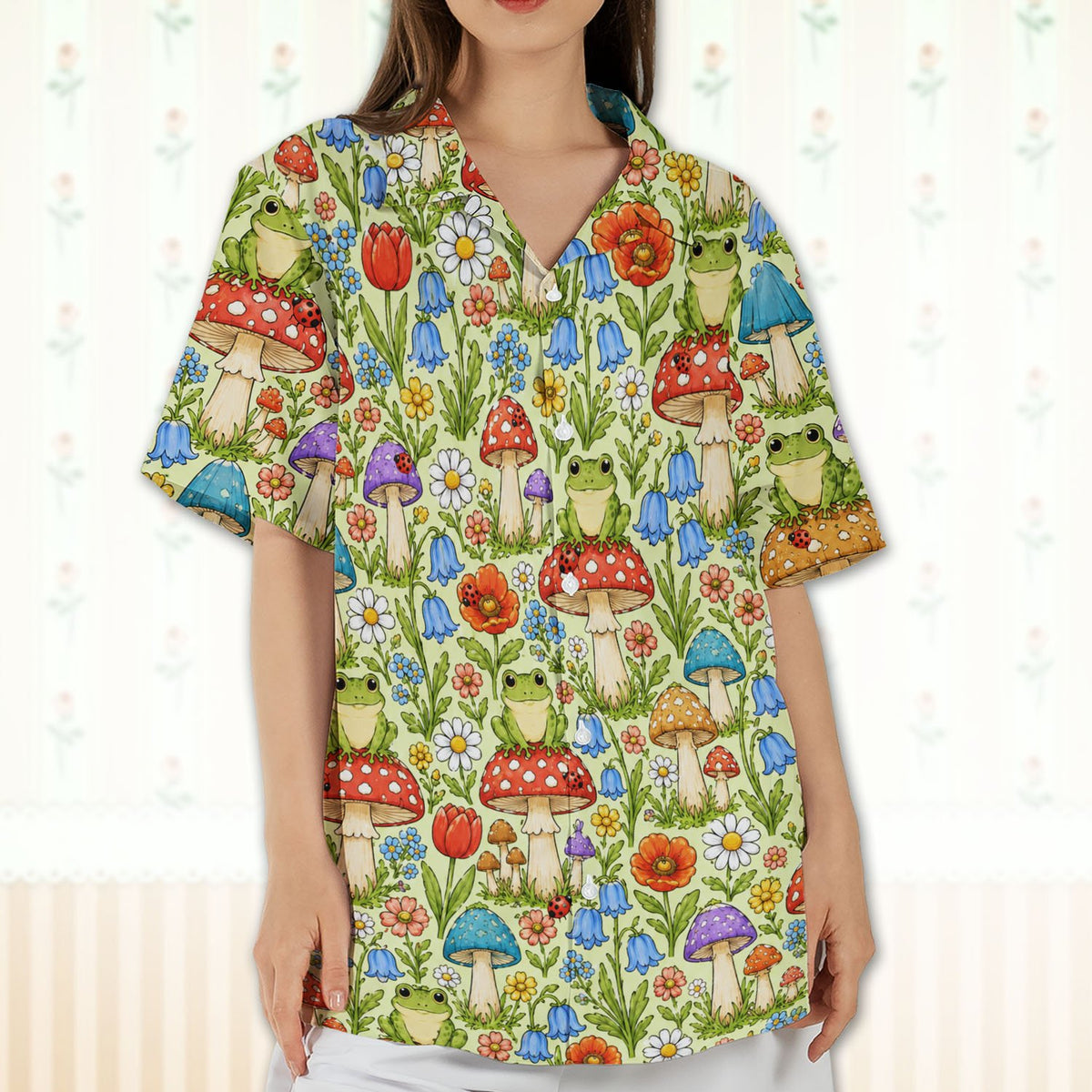 Final lifestyle view of the frogs and mushrooms matching outfits