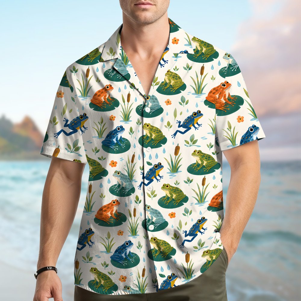 Third lifestyle view of the frogs hawaiian shirt in a natural setting
