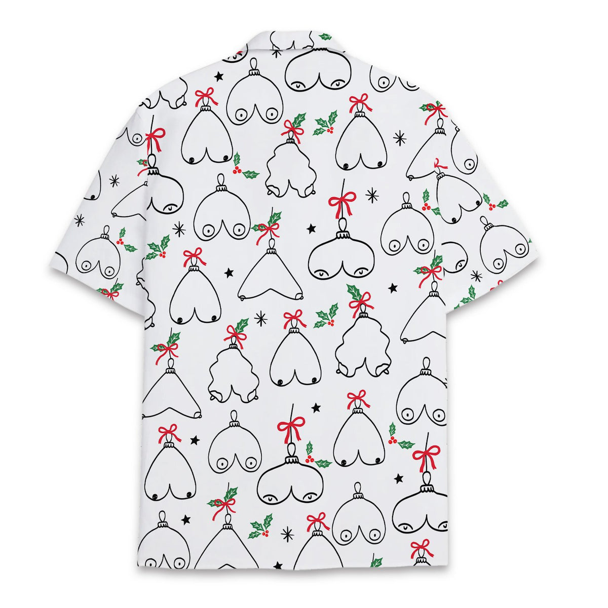 Full back flat view of the white matching family hawaiian shirts with funny ornament design