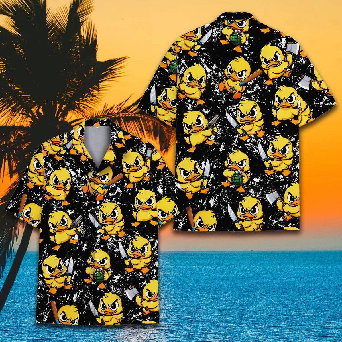 Another lifestyle view of the edgy duck design hawaiian shirt