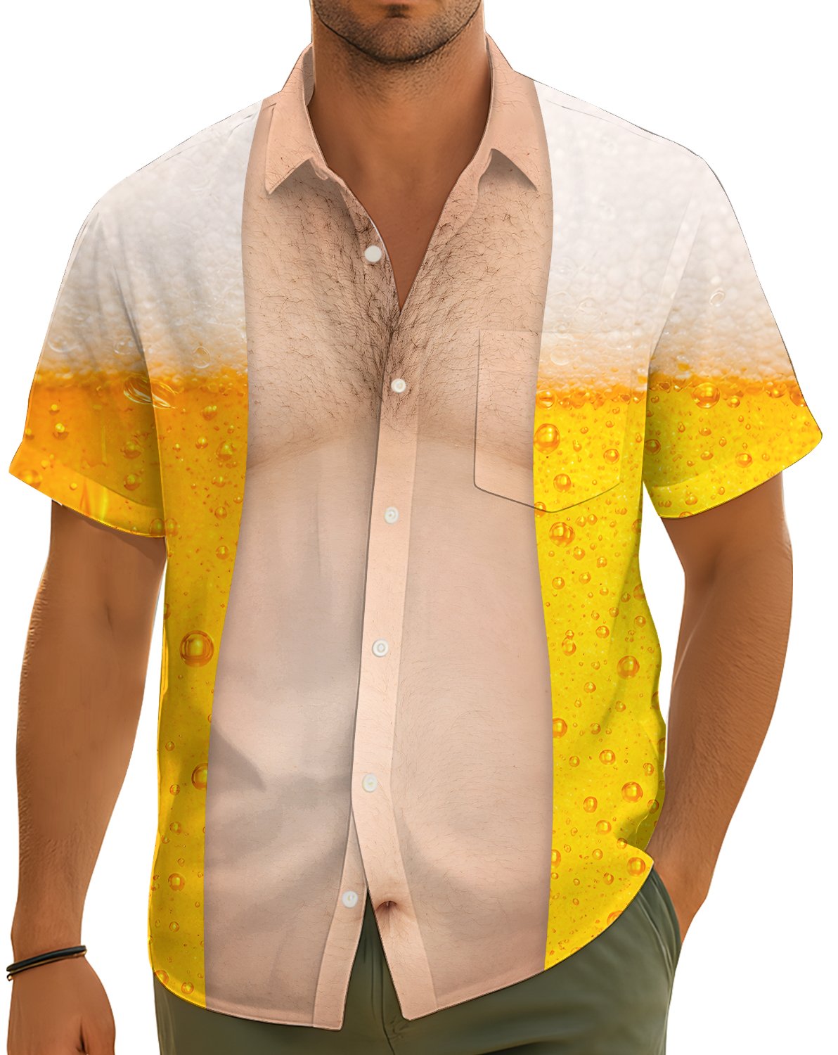 Second lifestyle view of the hairy chest illusion shirt at a summer event