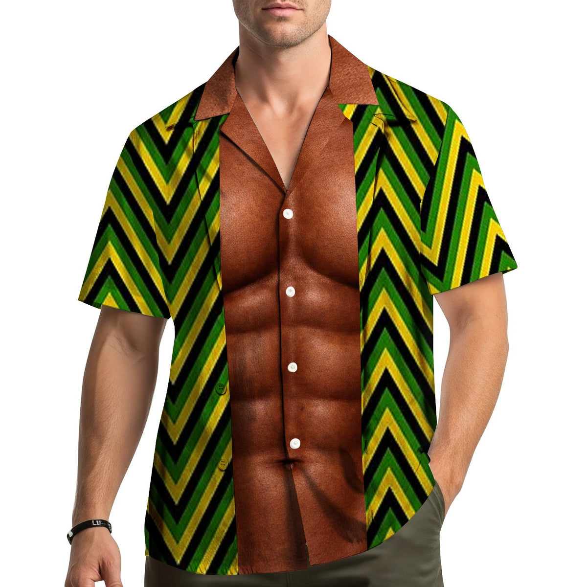 Lifestyle view of a person wearing the funny hawaiian shirt with muscular chest illusion