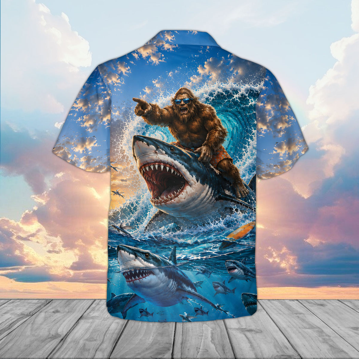 Back view of funny/novelty hawaiian shirt with Bigfoot riding a shark design