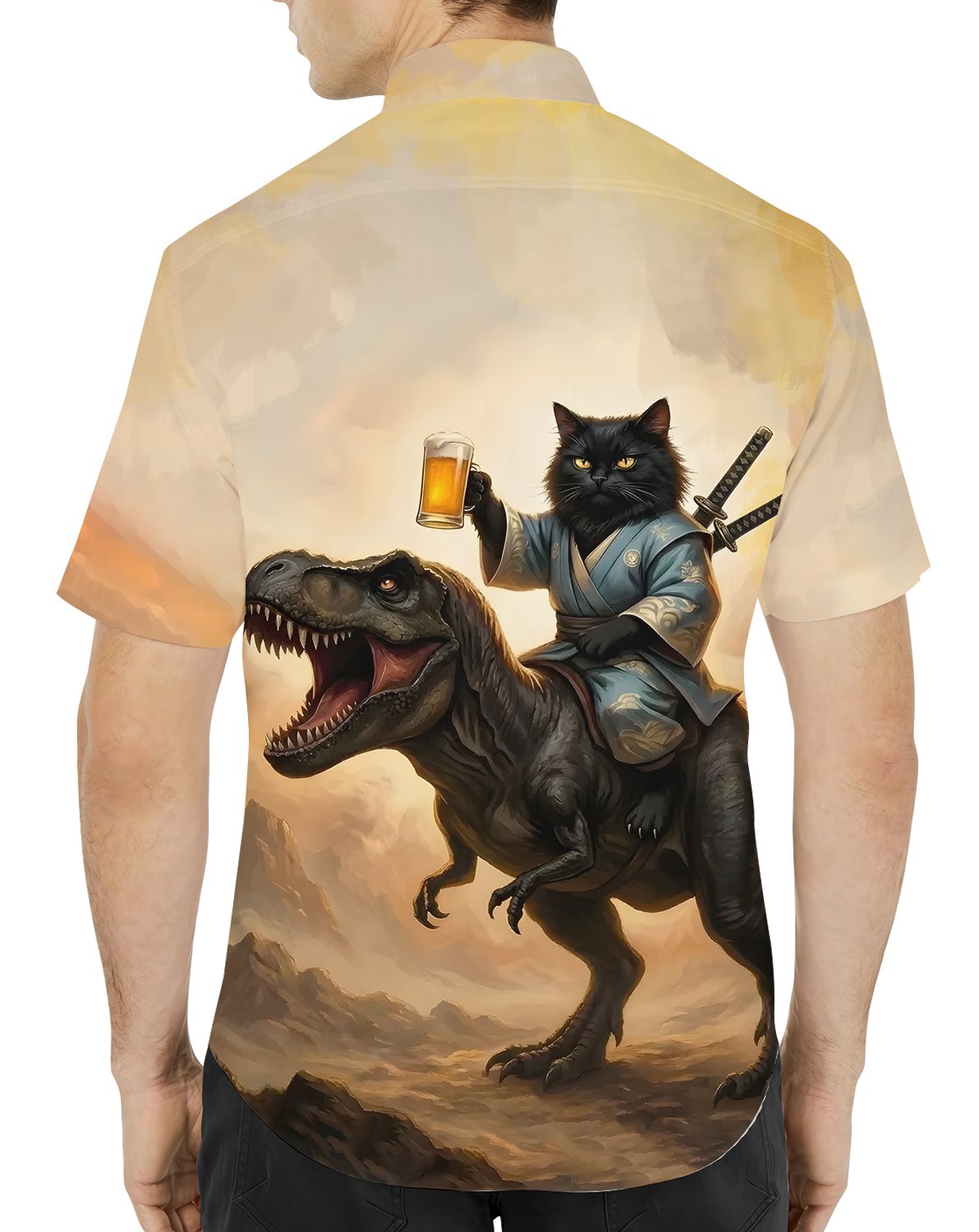 Second lifestyle view showcasing the samurai cat riding a T-Rex hawaiian shirt