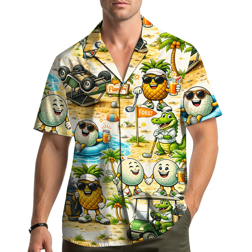 A family enjoying the outdoors wearing their matching golfing tropical hawaiian shirts