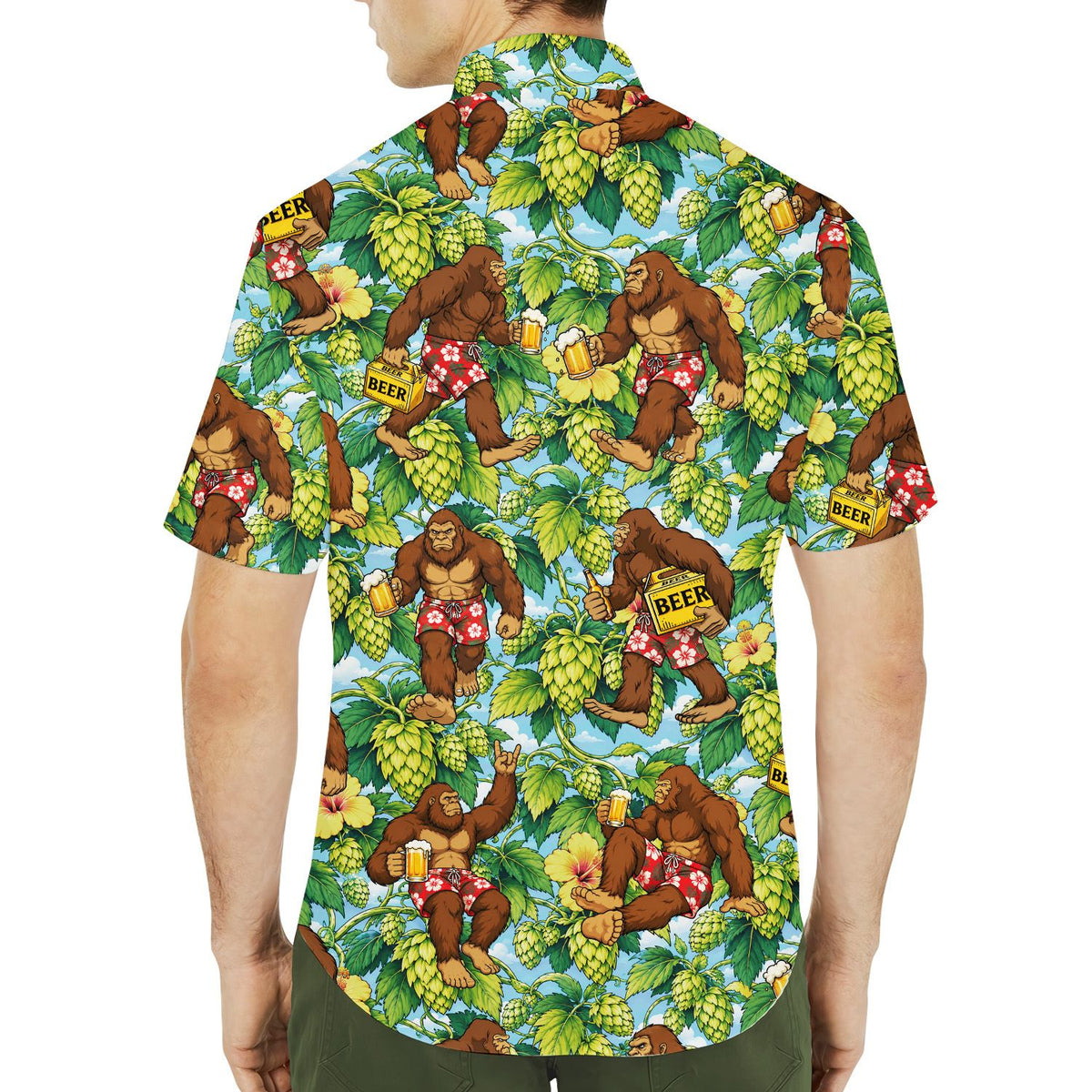 Lifestyle view of the tropical gorilla hawaiian shirt being worn