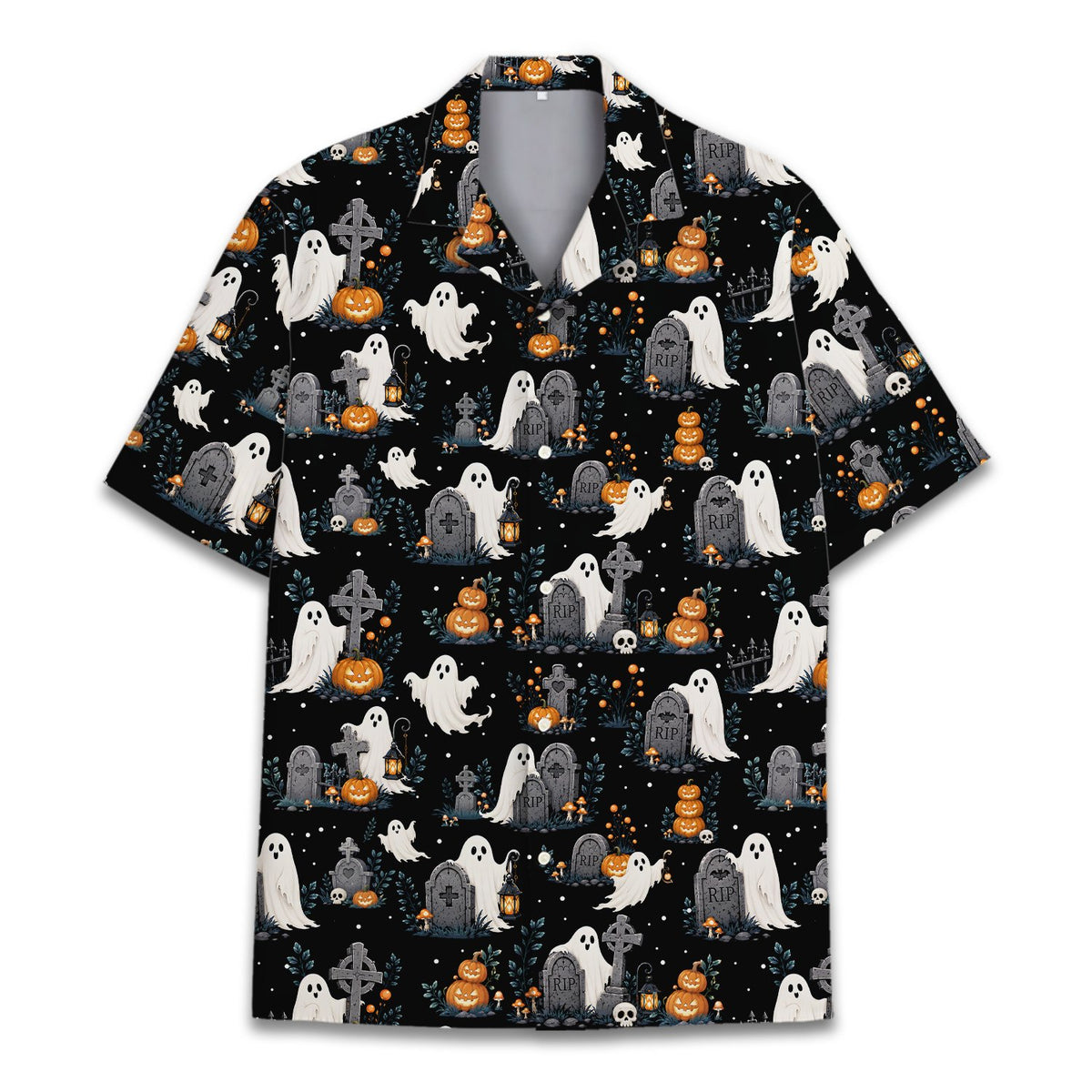 Black matching family hawaiian shirts with a halloween ghost and pumpkin pattern, front view