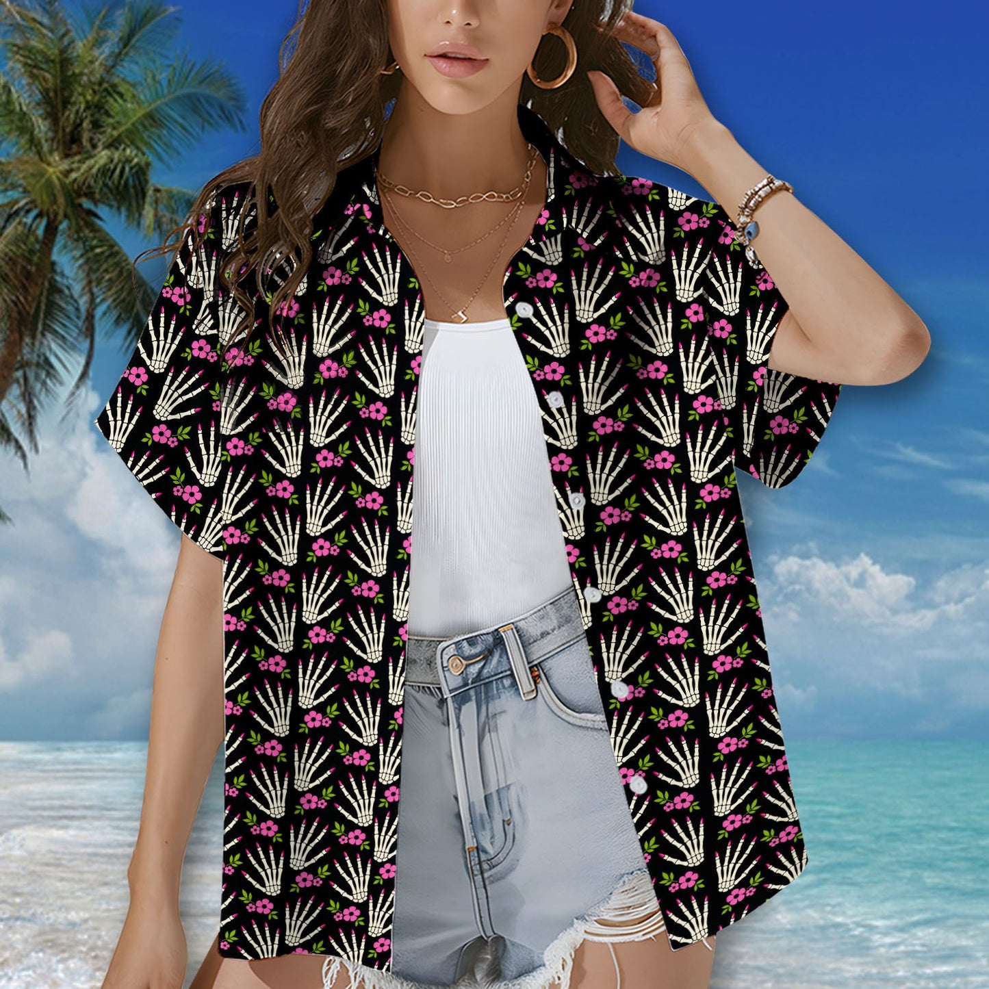 Family matching outfits featuring the black Halloween Hawaiian shirt