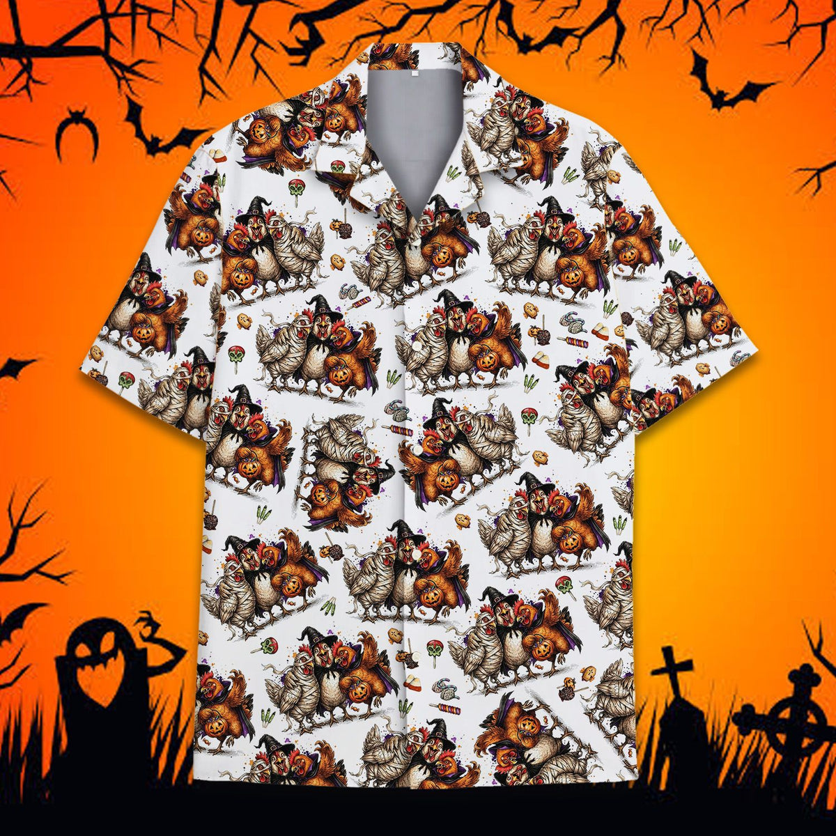 Lifestyle view of someone wearing the matching family Halloween chickens Hawaiian shirt