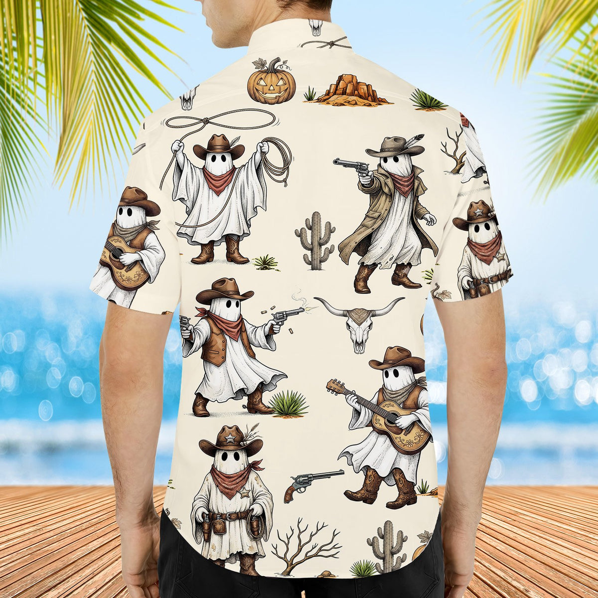Final lifestyle view of the matching family hawaiian shirt for halloween
