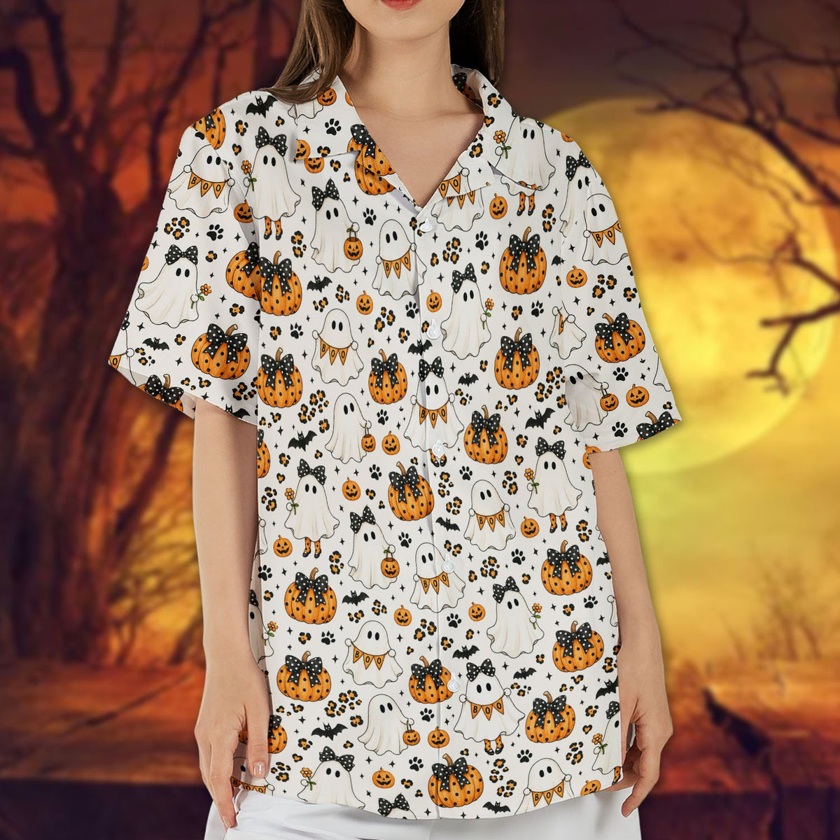 Lifestyle view of Halloween ghosts and pumpkins hawaiian shirt