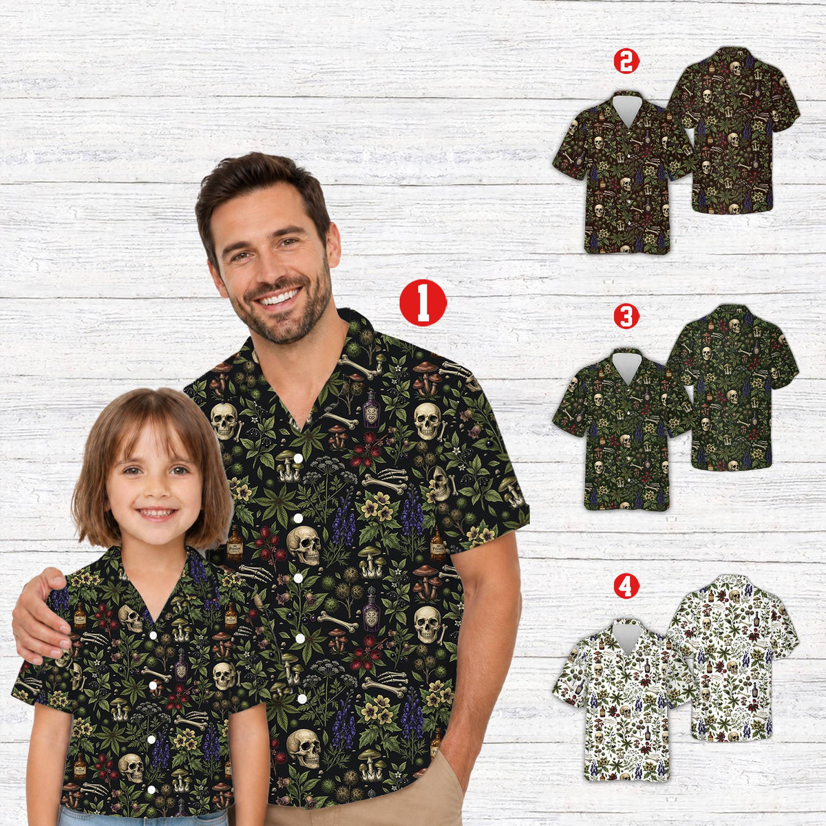 Lifestyle view of a family wearing matching Halloween Hawaiian shirts in multiple colors