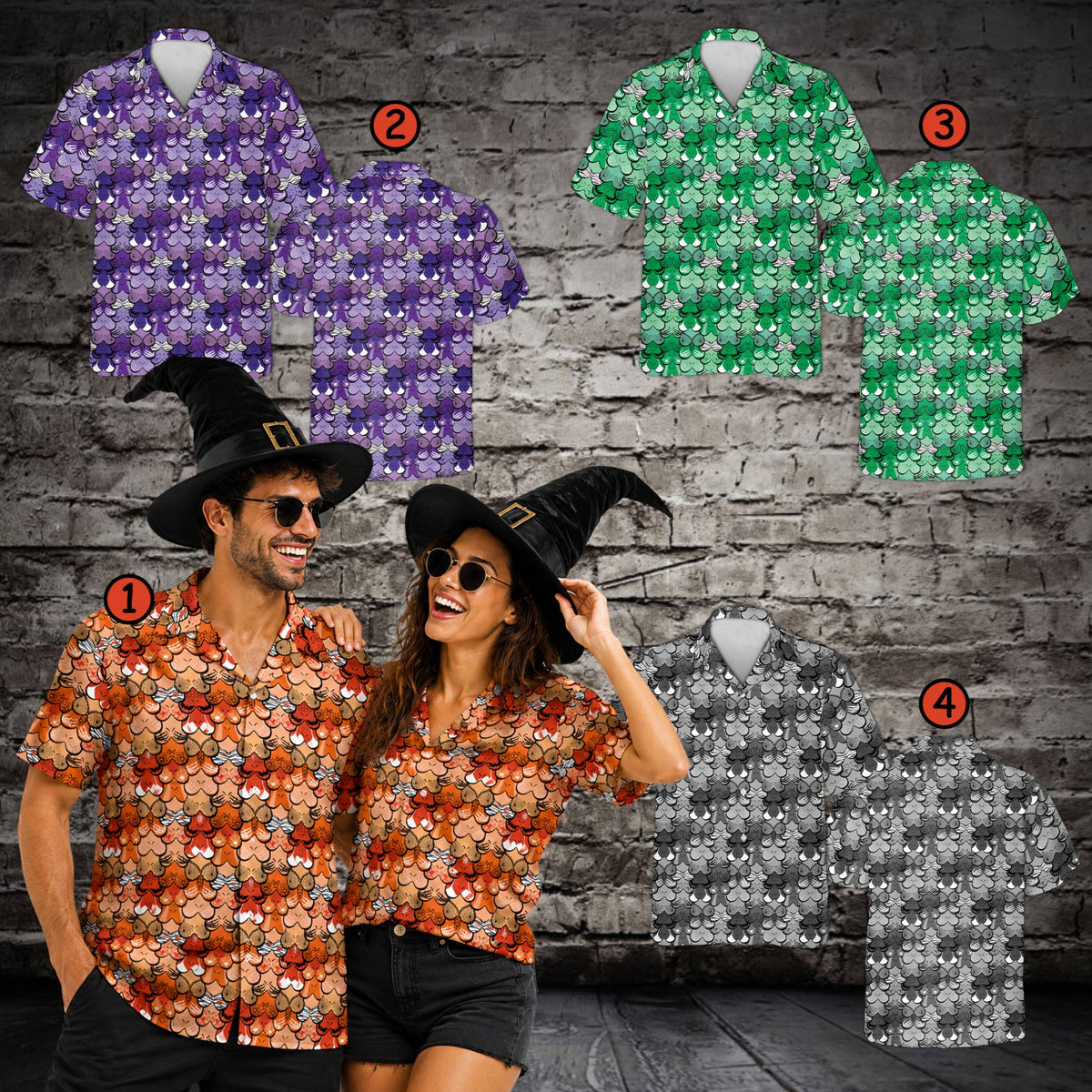 Lifestyle view of a family wearing matching hawaiian shirt halloween costumes