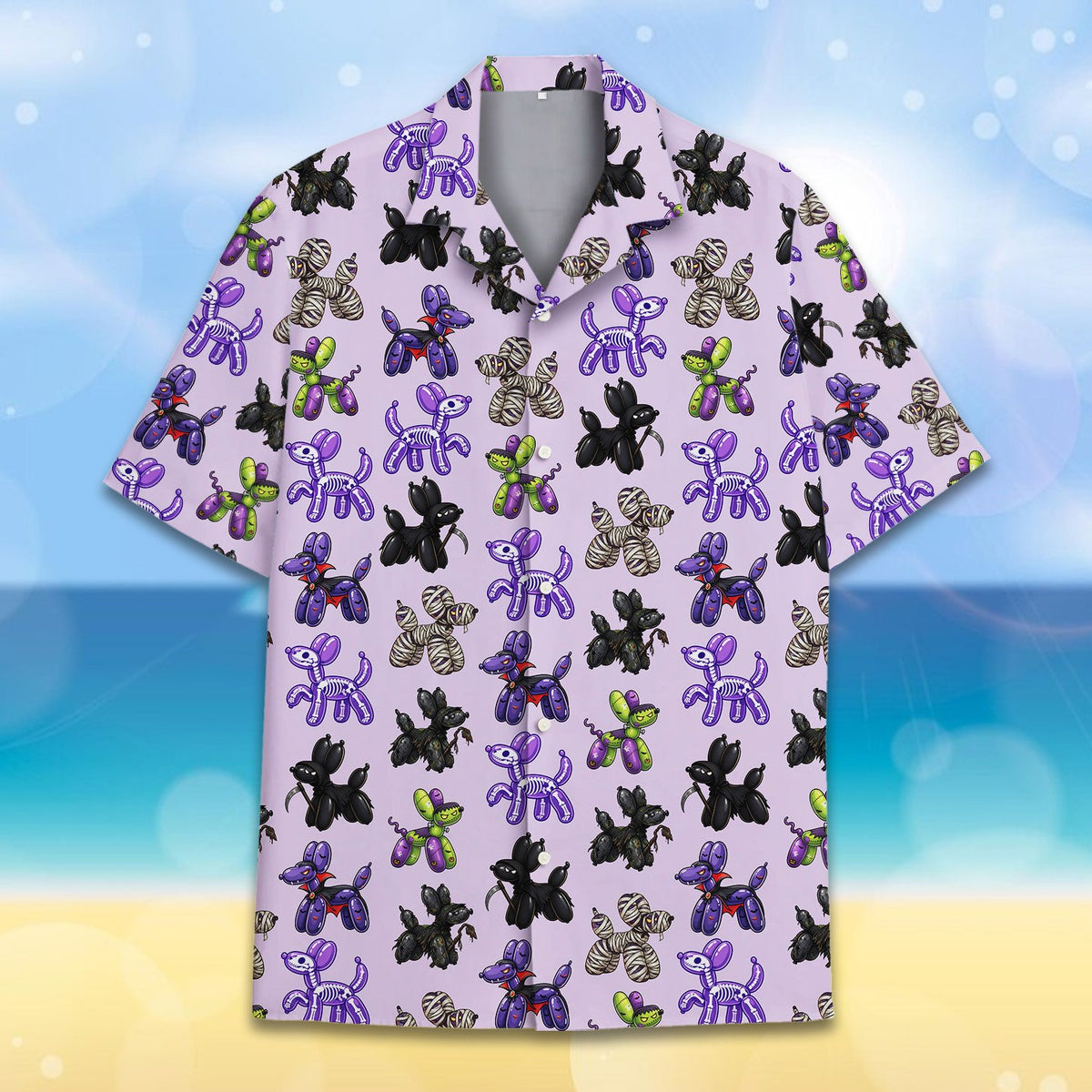 Second lifestyle image of someone wearing the purple Halloween balloon dog hawaiian shirt
