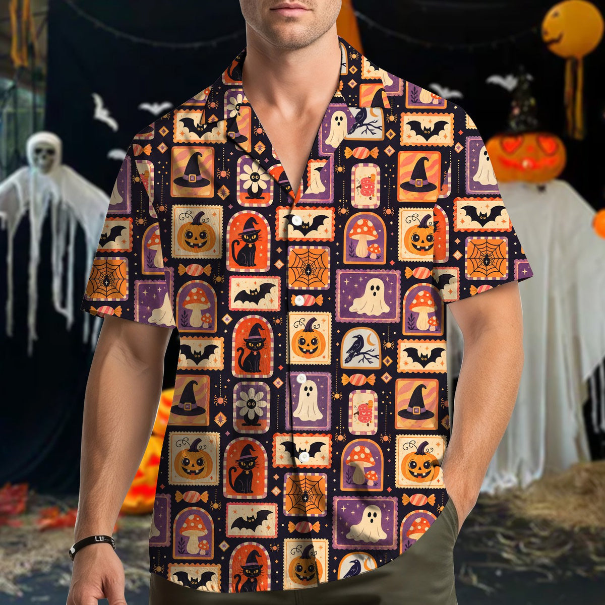 Group lifestyle image showcasing the matching family hawaiian shirts during a fall gathering