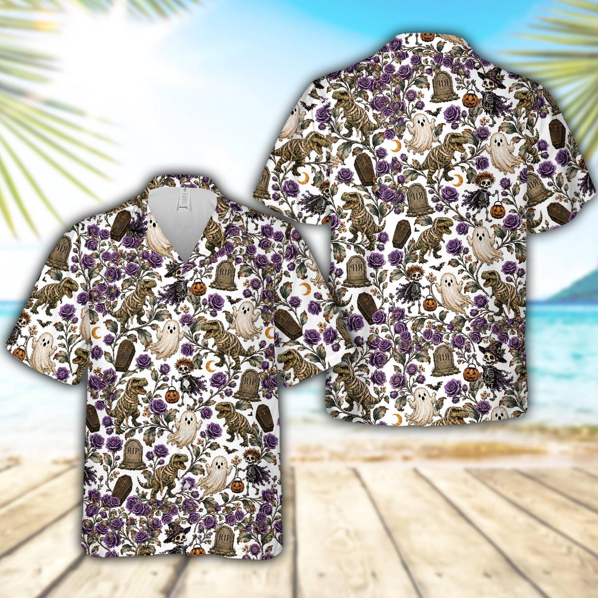Alternative angle of the white halloween hawaiian shirt showing the intricate holiday pattern