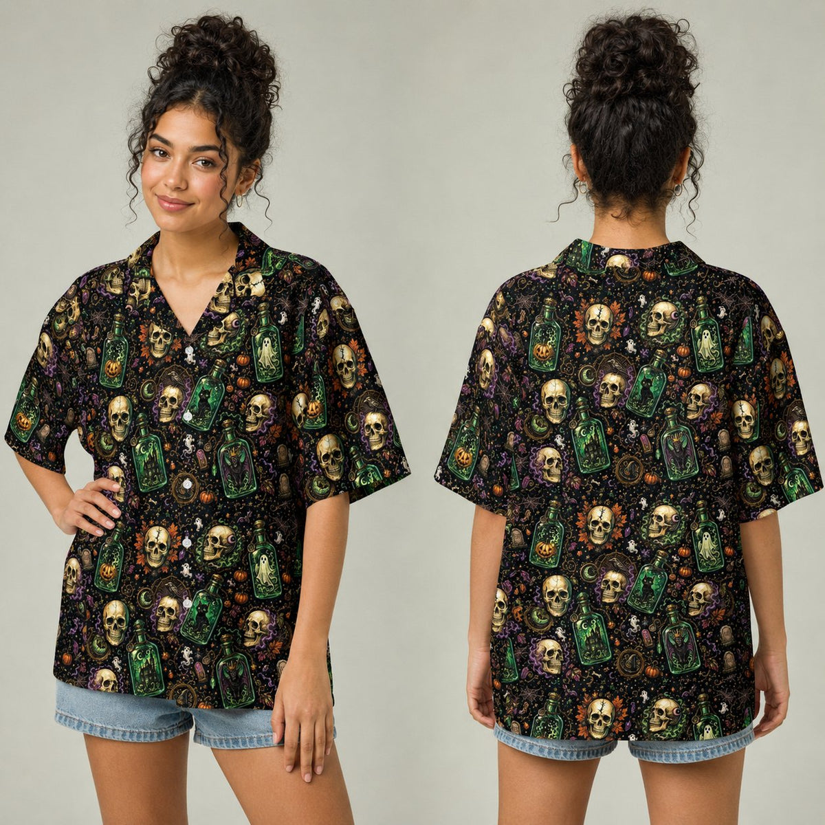 Close-up detail of the matching family hawaiian shirts featuring a potion bottle and spider webs