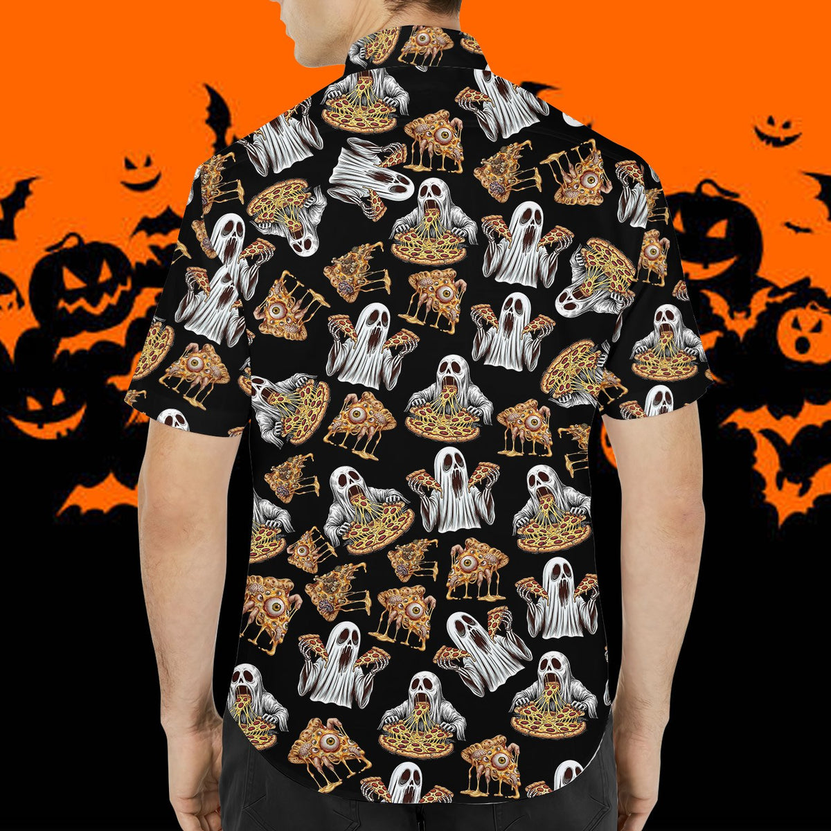 Lower back detail of the matching family Halloween pizza ghosts Hawaiian shirt