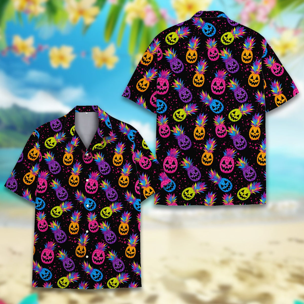 Final lifestyle view of matching family hawaiian shirts in neon colors