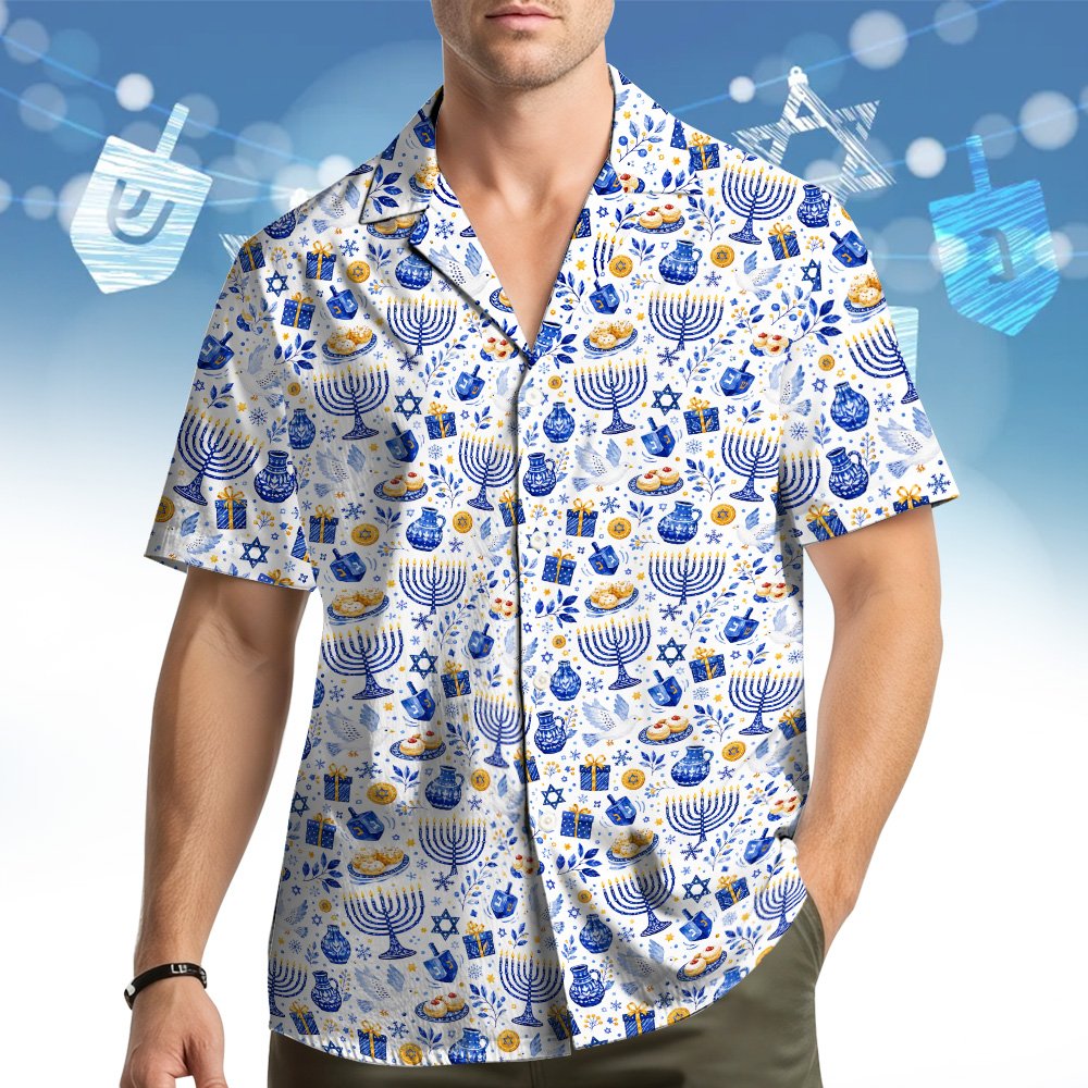 Close-up back view of the matching family Hanukkah Hawaiian shirt