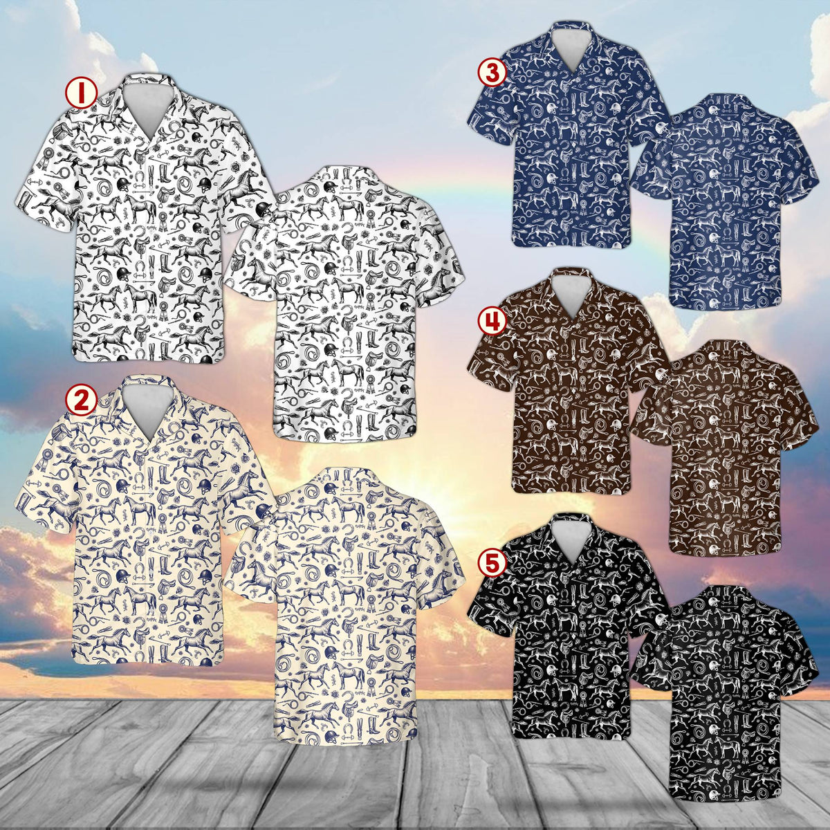 Additional front view of horse racing equestrian hawaiian shirt