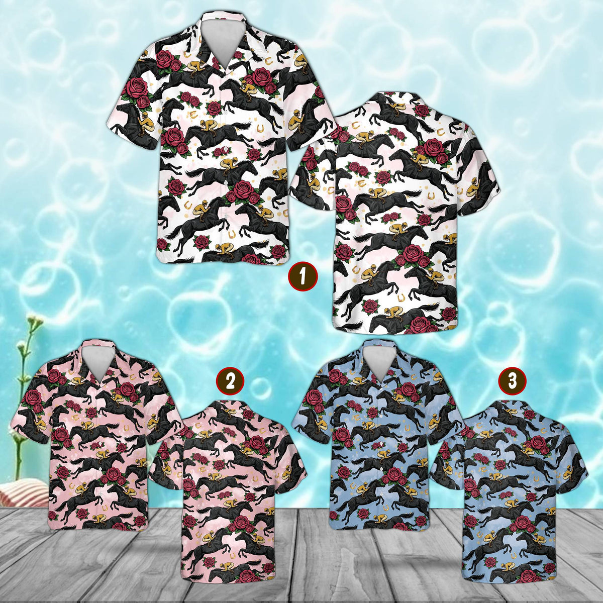 Close up front view of the matching family hawaiian shirt horse racing pattern