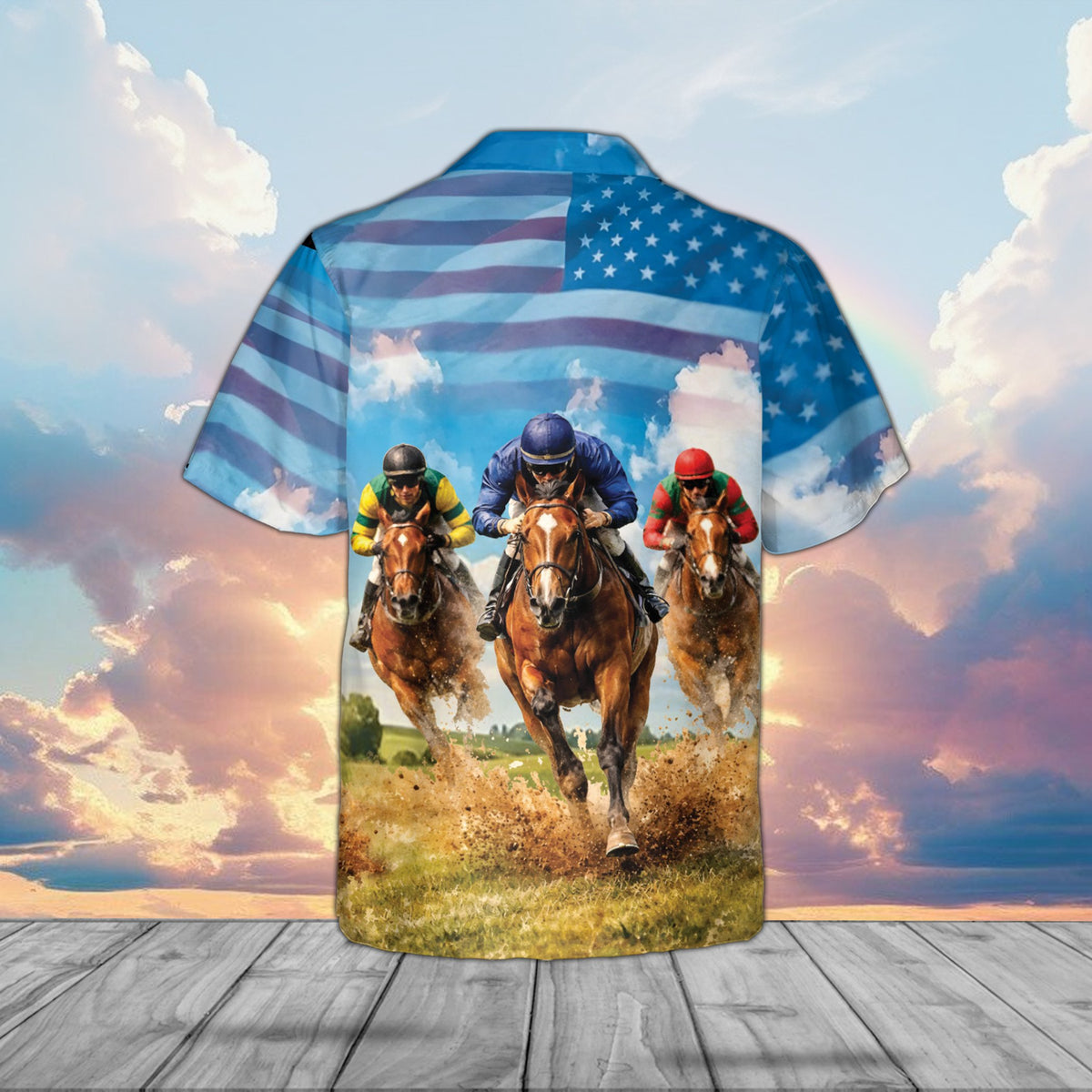Back view of the blue horse hawaiian shirt displaying the all-over jockey and flag photo print pattern