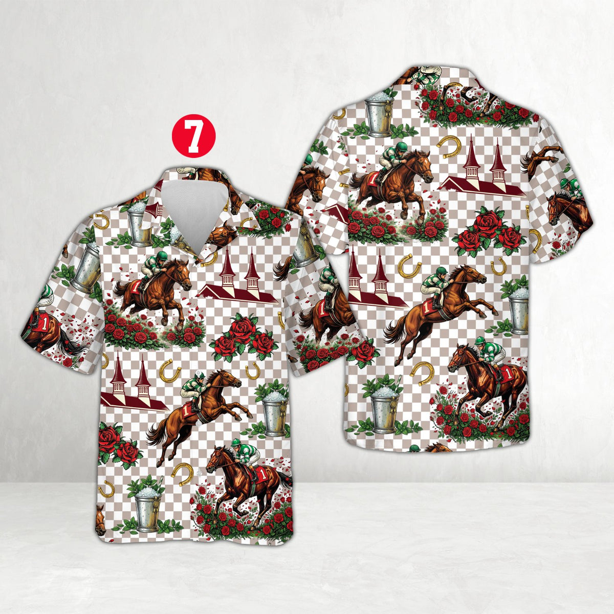 Checkered hawaiian shirt featuring horse racing print, button detail