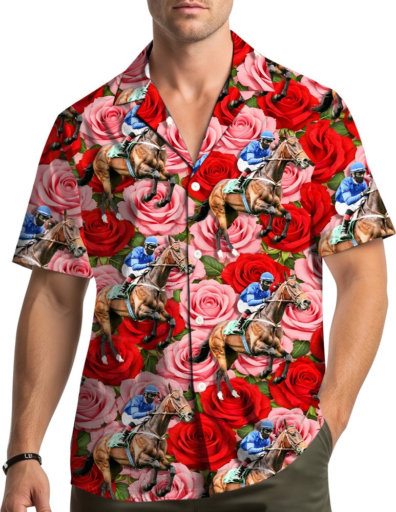 Lifestyle view of someone wearing the red horse hawaiian shirt