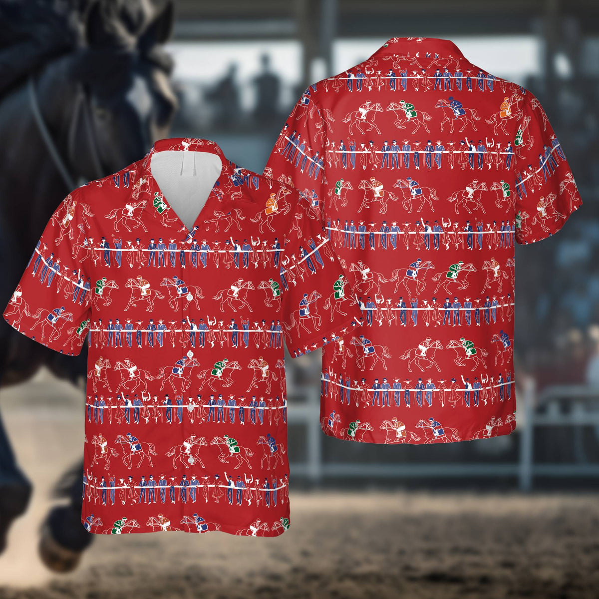 Red hawaiian shirt showing horse racing scenes, front view